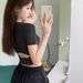 High-Waisted, Short, Crop Back, Cut-Out Short-Sleeved T-Shirt For Women, Tight French Solid Color Base Summer Top, Ins_ecoleips.com