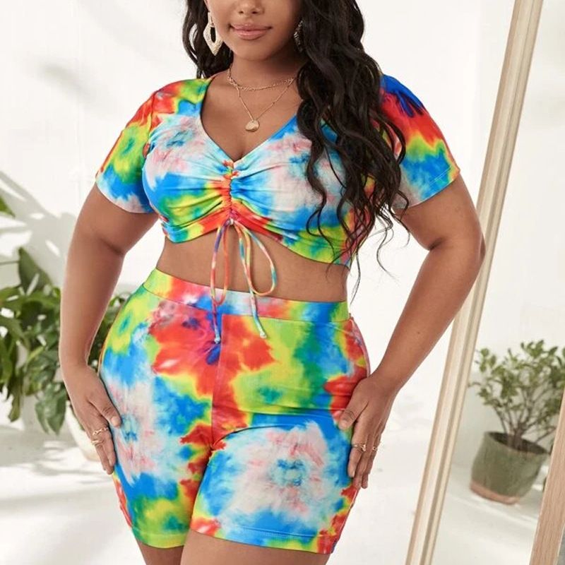 Women's Clothing Sexy Split High Waist Plus Size Fat Woman Swimsuit Swimsuit Tie Dye Short Sleeve Drawstring_ecoleips.com
