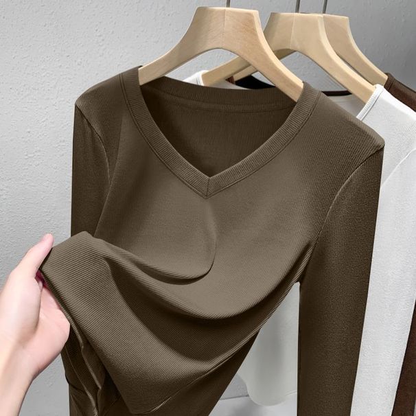 Trendy Solid Color Elegant V Neck Simple Slim Fit Ribbed Long Sleeve Commuter Women's Style Round Neck Autumn Top_ecoleips.com