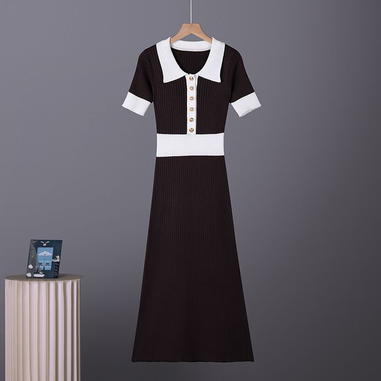Women's French Retro Color Blocked Polo Collar Short Sleeve Knit Dress Summer Style Fitted Sweater_ecoleips.com