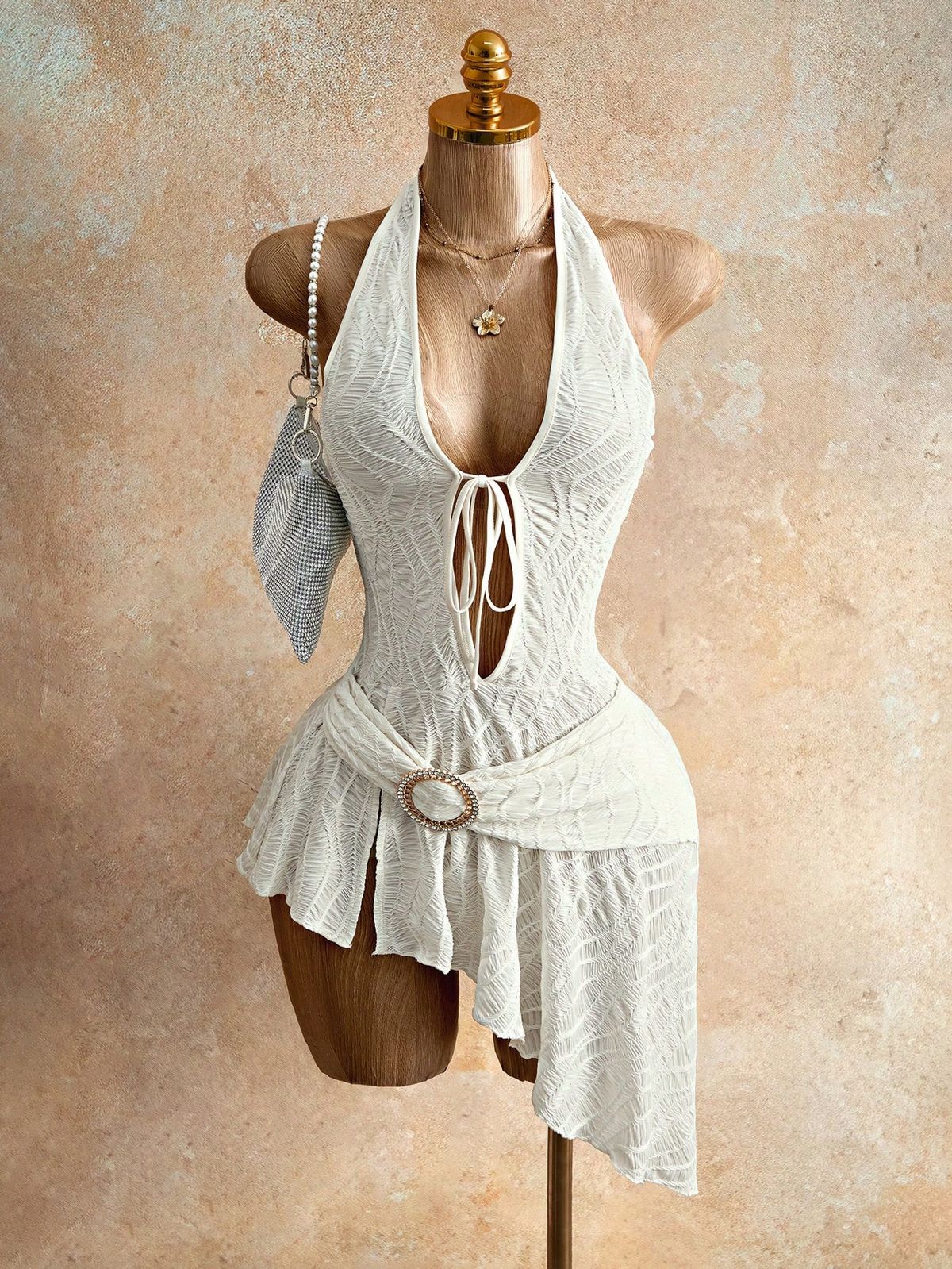 White Textured Fabric Halter Neck Deep V Neck Tie up Irregular Dress for Women Sexy New Style_ecoleips.com