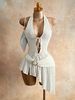 White Textured Fabric Halter Neck Deep V Neck Tie up Irregular Dress for Women Sexy New Style_ecoleips.com