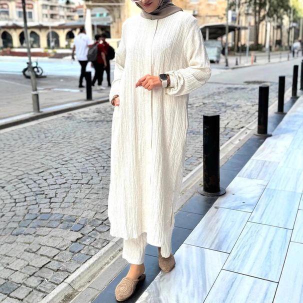 Elegant Modest Muslim Dress Long Sleeve Loose Fit Maxi Asymmetrical Hemline White S-XL Polyester Comfort Hijab Fashion_ecoleips.com