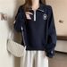 American-style Real-shot Half-zip Polo Collar Long-sleeve Sweatshirt For Women, Thin, Loose, Slimming, Embroidered,_ecoleips.com