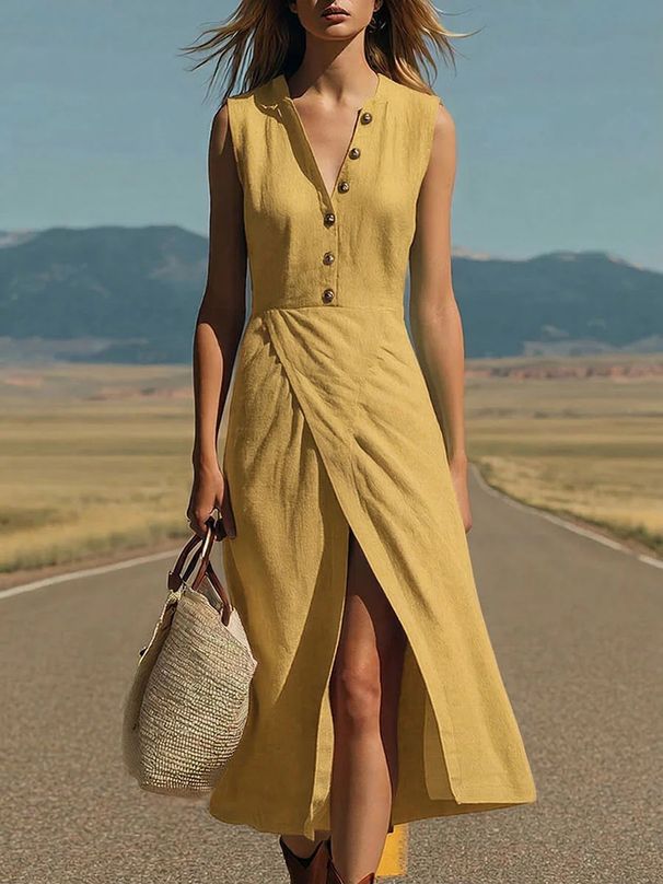 Women's Clothing Long Dress Button Down Slit Simple Stylish Spring Summer New America Style_ecoleips.com