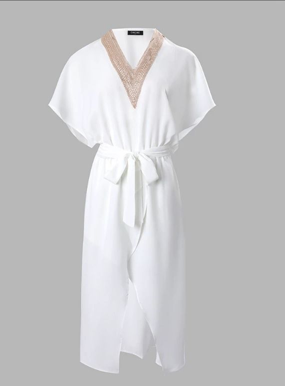 Women's Clothing Summer Fashion Mature Women's Lace V Neck Lace Up Casual Dress With Slits_ecoleips.com