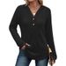 Women's V Neck Button Up Fleece Knit Top Solid Color Loose Fit Hooded Top For Fall/Winter Style_ecoleips.com