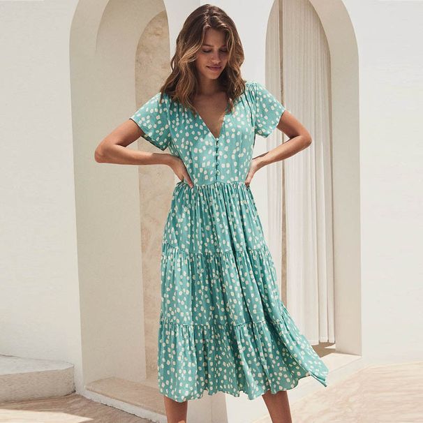 2026 Cross-Border European And American Spring/Summer New V-Neck Buttoned Floral Short-Sleeve Vacation Casual_ecoleips.com