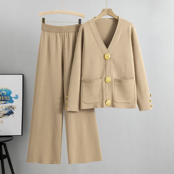 Large Button Knitted Sweater Two Piece Suit For Women Autumn And Winter 2025 New Loose Casual Wide Leg Pants Suit Trend_ecoleips.com