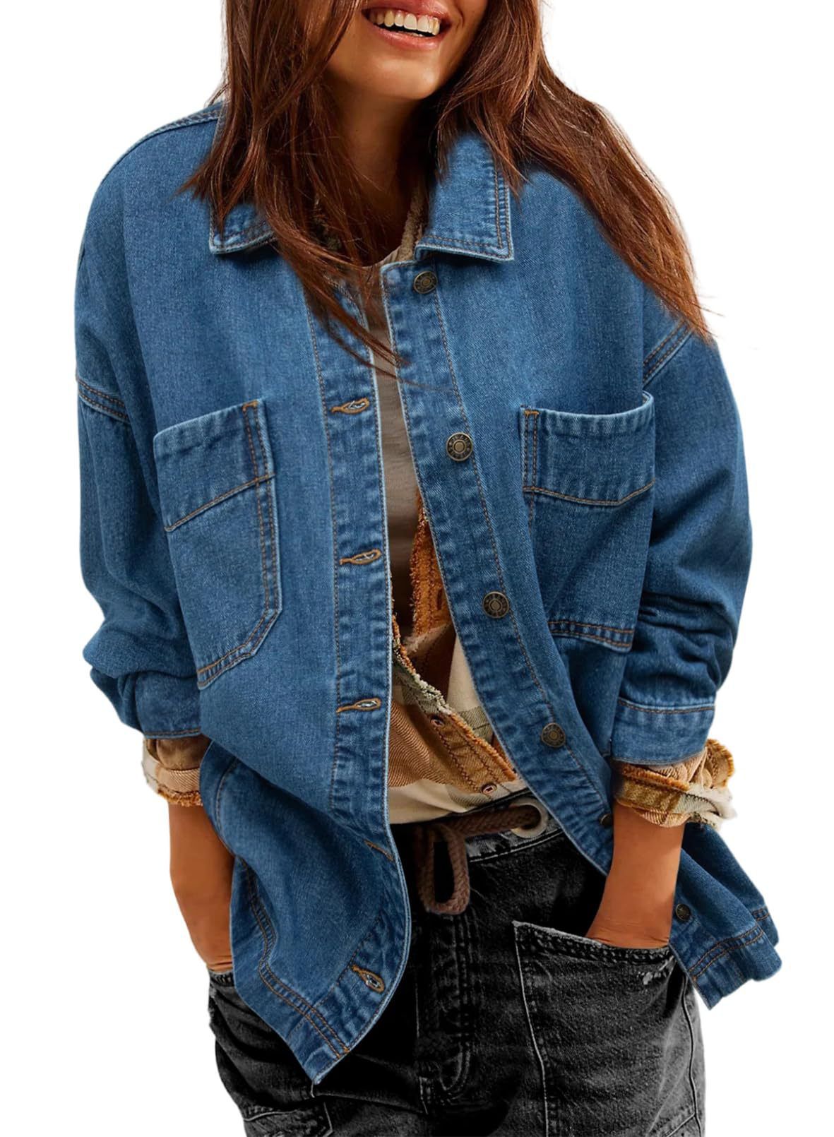 Women's Oversized Boyfriend Denim Jacket Button Down Long Sleeve Two Piece Casual Outerwear_ecoleips.com