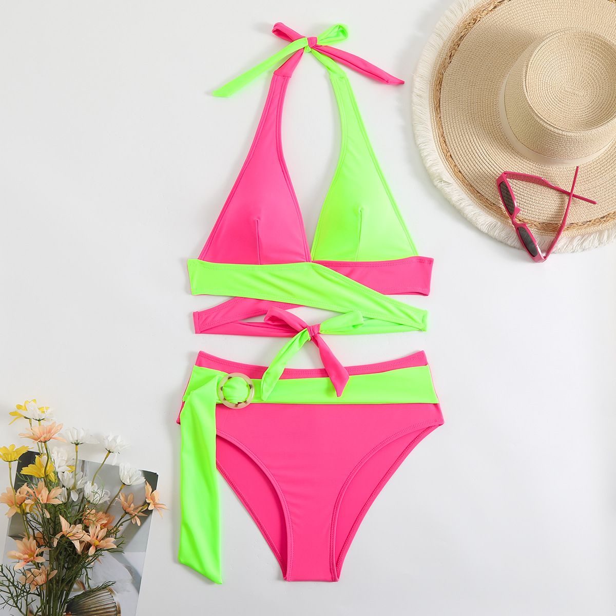 Women's Clothing Split Swimsuit Color Matching Sexy Deep V Lace Swimsuit_ecoleips.com