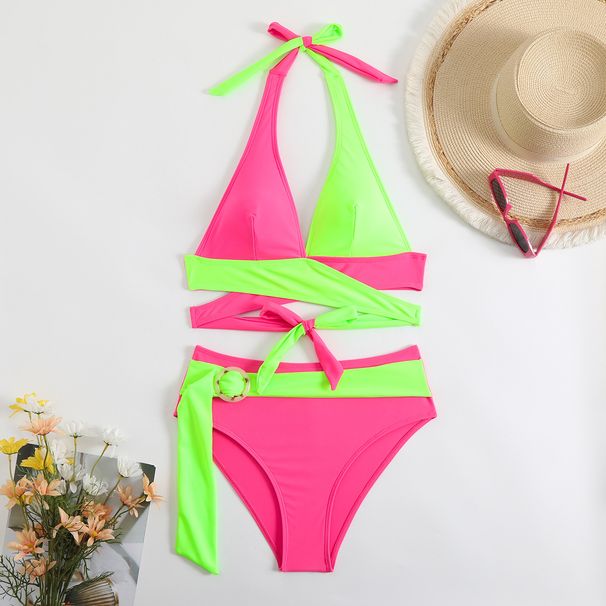 Women's Clothing Split Swimsuit Color Matching Sexy Deep V Lace Swimsuit_ecoleips.com