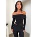 GL6706 Women's Fashion Small Ribbed Irregular Off-Shoulder Lapel Waist Flared Pants Two-Piece Set_ecoleips.com