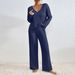 Oversized V-Neck Ribbed Knit Sweater & Lounge Pants Set – Cozy Brushed Polyester Loungewear For Women (Light Gray, Rose, Olive, Charcoal, Navy)_ecoleips.com
