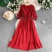 Women's Bohemian Style Embroidered Dress Three Quarter Sleeve Tie Waist Slimming over the Knee Long Skirt Summer Style_ecoleips.com