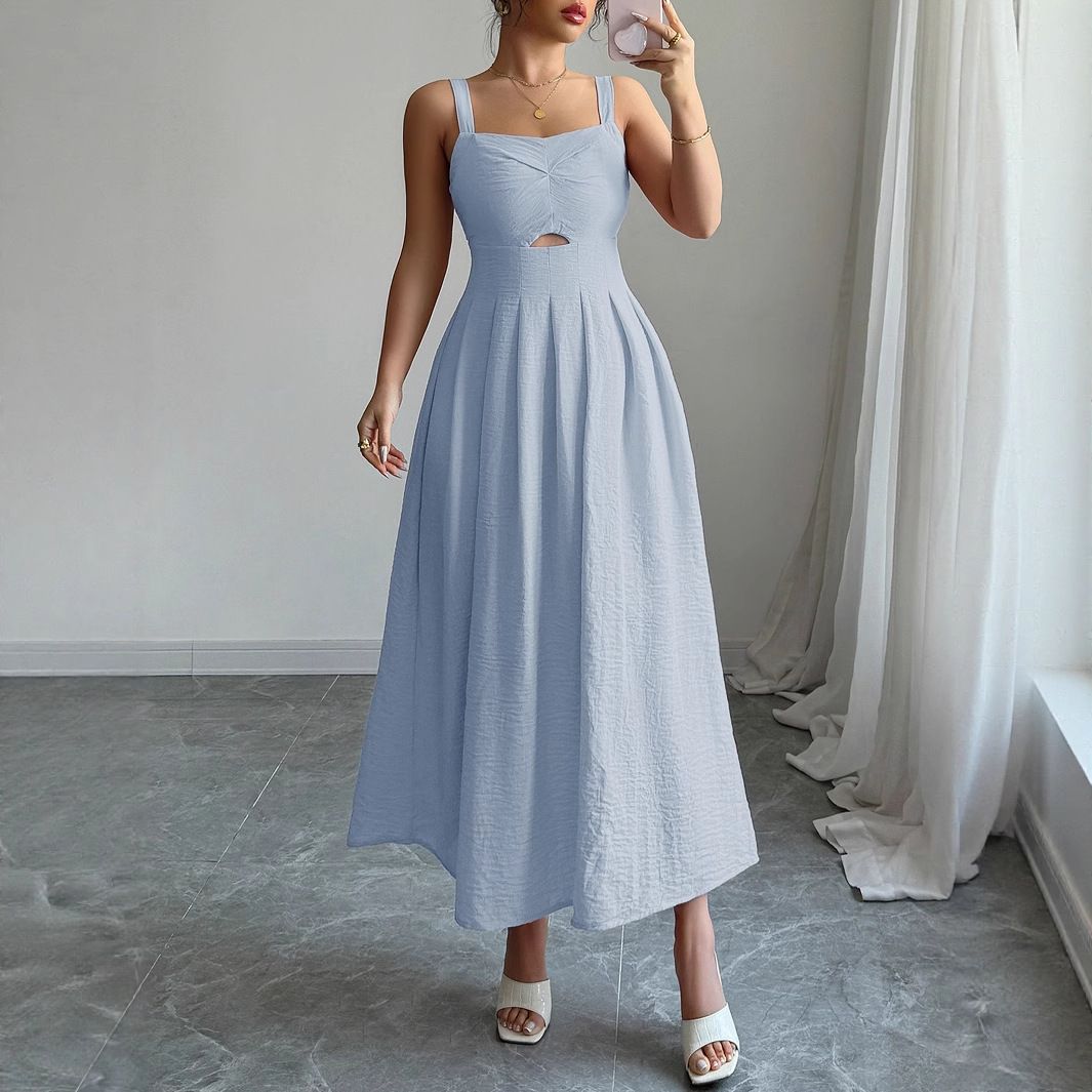 Women's Clothing Temperament Elegant Style Sling Pleated Dress_ecoleips.com