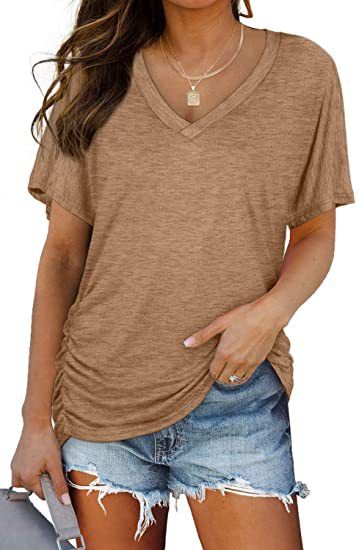 Women's Solid Color Batwing Sleeve T-Shirt V Neck Short Side Ruffled European And American Style Cross Border Fashion 2025 New Arrival_ecoleips.com