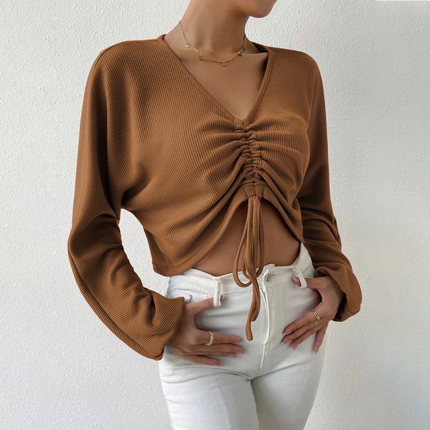 Voya 2026 Spring/Summer New European And American Women's Fashion Loose Casual V-neck Drawstring Waffle Long Sleeve T-shirt_ecoleips.com