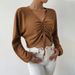 Voya 2026 Spring/Summer New European And American Women's Fashion Loose Casual V-neck Drawstring Waffle Long Sleeve T-shirt_ecoleips.com