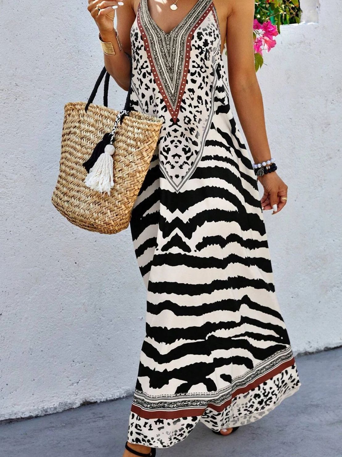 Women's All Over Print Halter Neck Dress, Boho Fashion Casual Sleeveless A Line Dress For Beach Holiday Vacation, Ladies Summer_ecoleips.com