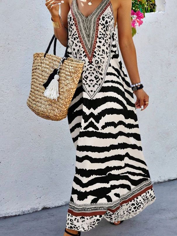Women's All Over Print Halter Neck Dress, Boho Fashion Casual Sleeveless A Line Dress For Beach Holiday Vacation, Ladies Summer_ecoleips.com