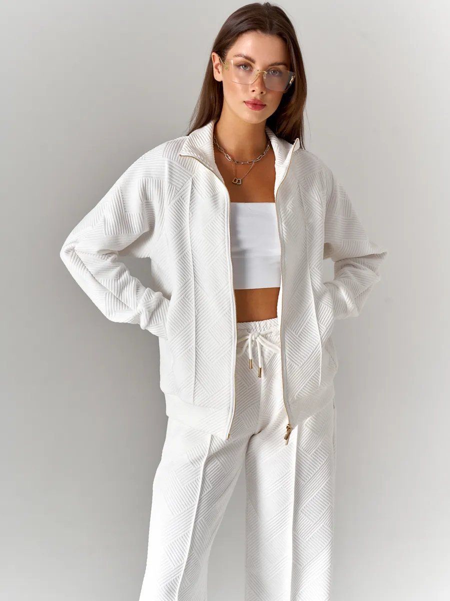 Women's Clothing Solid Color Two Piece Set Long Sleeved Zipper Loose Top With Lace Up Trousers Casual Suit_ecoleips.com