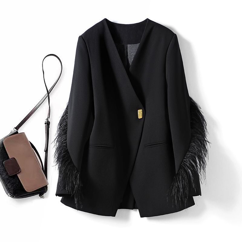 European Style Women's Blazer With Feather Trim - Structured Oversized Single-Button Jacket For Autumn/Winter (Black, Sizes S-2XL)_ecoleips.com