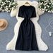 Women's Clothing Short Sleeve Stitching Diamond Waist Denim Dress Female Summer Slit Long Skirt_ecoleips.com