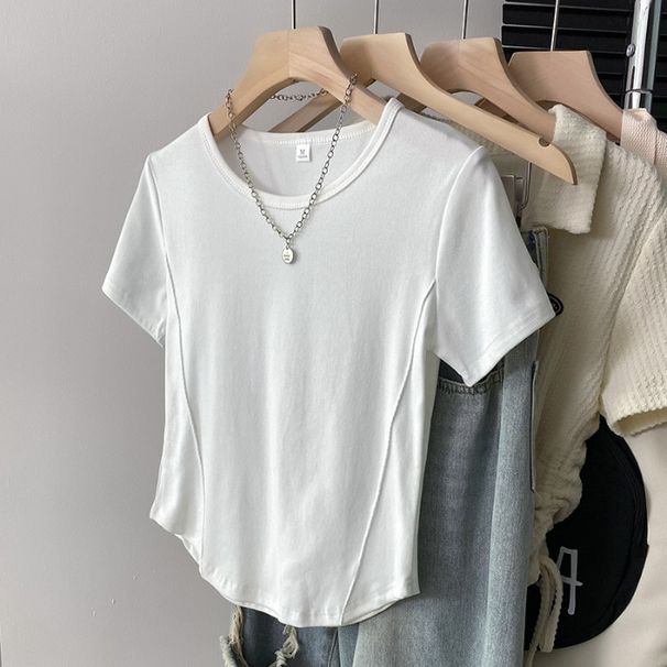 Women's Clothing Cotton Straight Shoulder Herringbone Short Sleeved T Shirt For Women In Summer Short Round Neck Slim Fit Solid Color Tops_ecoleips.com