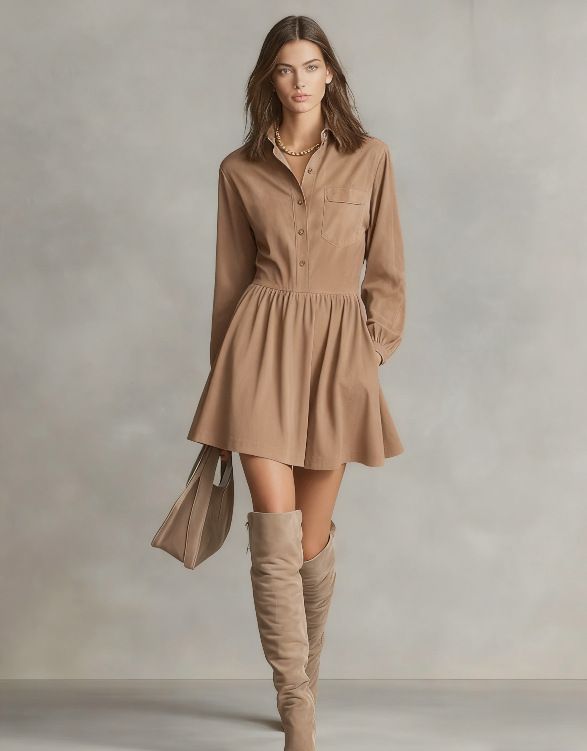 Women's Autumn Winter Suede Flannel Long Sleeve Button Down Shirt Dress With Princess Style, Mid-Length, Casual & Elegant For Travel, Leisure_ecoleips.com
