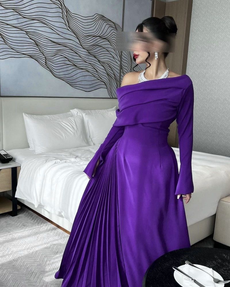 Women's Clothing Autumn And Winter Women's Wear Sexy Off Shoulder Pleated Evening Dress_ecoleips.com