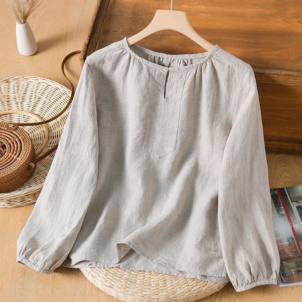Summer Cotton-Linen Design: A Loose, Casual Long-Sleeved Top With A Pleated Round Collar; Featuring A Lantern-Style Aest_ecoleips.com