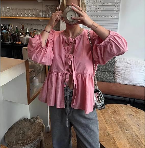 Women's Clothing Sweet Casual Strap Round Neck Puff Sleeve Versatile Shirt_ecoleips.com