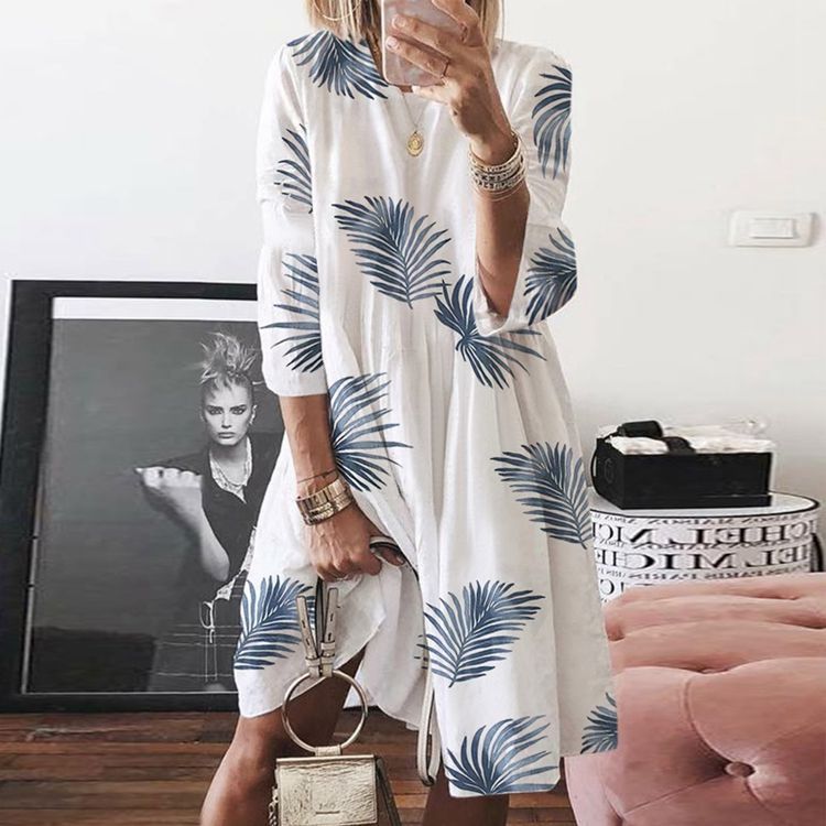 Spring And Summer New European And American Women's Vintage Printing Round Neck Dress Digital Printing Multi-color Skirt_ecoleips.com