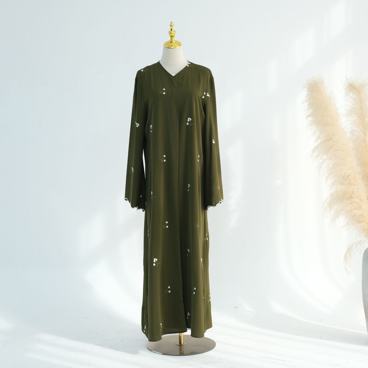 Elegant Embroidered Plus Size Kaftan Dress Boho Chic Long Sleeve Tunic For Women Open Front Optional Scarf Coffee Army Green Lilac_ecoleips.com