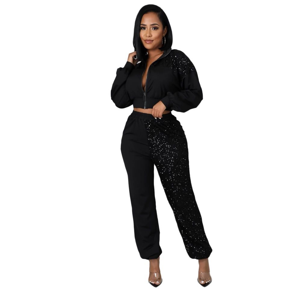 Women's Clothing Autumn And Winter Sequined Stitching Long Sleeved Women's Two Piece Suit_ecoleips.com