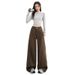 Aria Basics Melard Brown Coffee Color Wide-Leg Jeans For Women, Autumn And Winter Fleece-Lined New American Style High-Waisted Loose_ecoleips.com