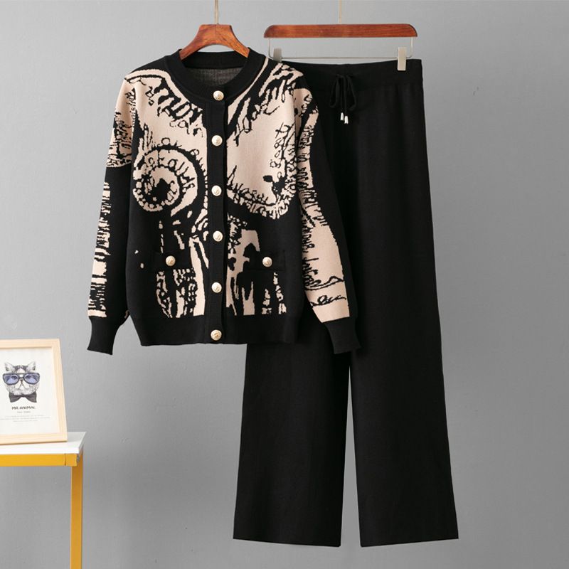 Women's Clothing Suit Jacquard Cardigan Single Breasted Sweater Casual Sports Wide Leg Pants Two Piece Suit_ecoleips.com