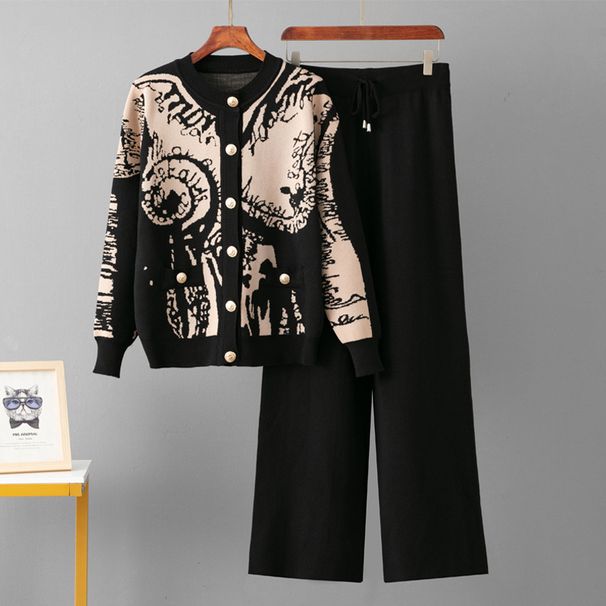 Women's Clothing Suit Jacquard Cardigan Single Breasted Sweater Casual Sports Wide Leg Pants Two Piece Suit_ecoleips.com