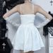 Women's Summer Polo Collar Puff Sleeve Cover up Top Eyelet Ribbon Slim Fit Suspender Dress Fashion Elegant Casual Wear_ecoleips.com