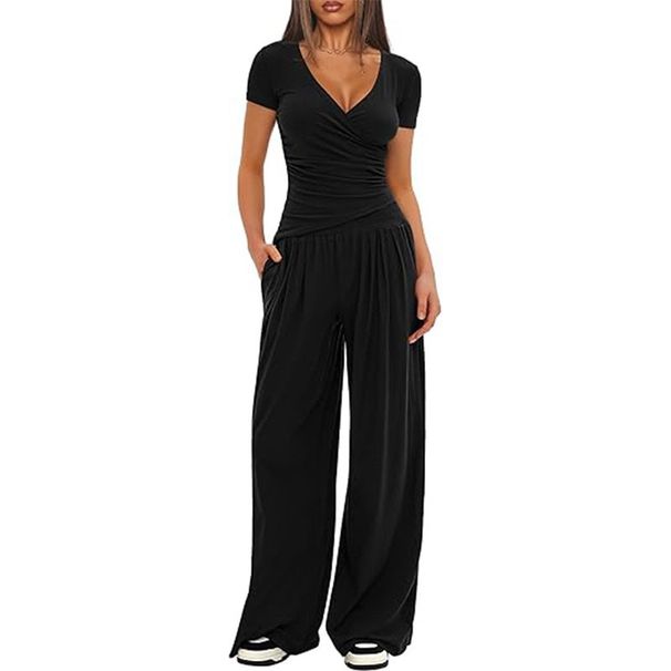 Versatile Wide-Leg Pants Set – Short/Long Sleeve T-Shirt & Flowy Trousers (XS-XL, 14 Colors) | Breathable Poly-Spandex Blend_ecoleips.com
