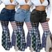 "Houndstooth Stitched Trumpet Denim Pants - Ruffled Hem & Vintage Flare (Light Blue/Dark Blue/Black, S-3XL)"_ecoleips.com