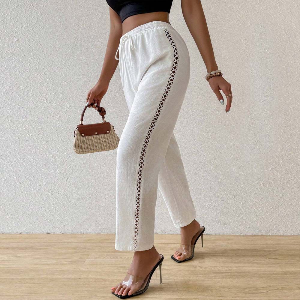 Voya 2026 European American Women's Sexy Casual Design With Subtle Side Cutouts And Elastic Drawstring Elastic Drawstring Straight Leg Pants_ecoleips.com
