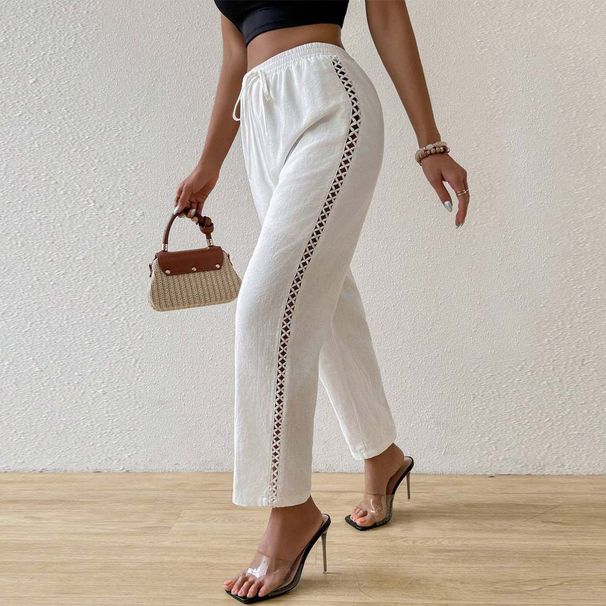 Voya 2026 European American Women's Sexy Casual Design With Subtle Side Cutouts And Elastic Drawstring Elastic Drawstring Straight Leg Pants_ecoleips.com