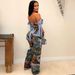 Women's Clothing printed oil painting pattern strap drawstring multi-pocket pants suit_ecoleips.com