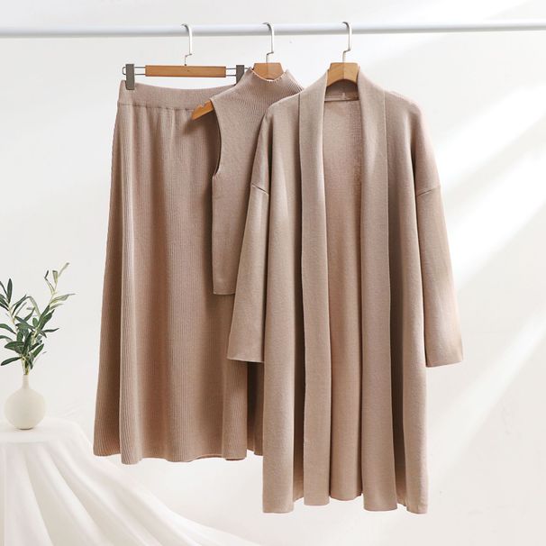 Women's Knitted Cardigan Turtleneck Vest Skirt Set Loose Fit 3-Piece Outfit For Autumn Winter_ecoleips.com