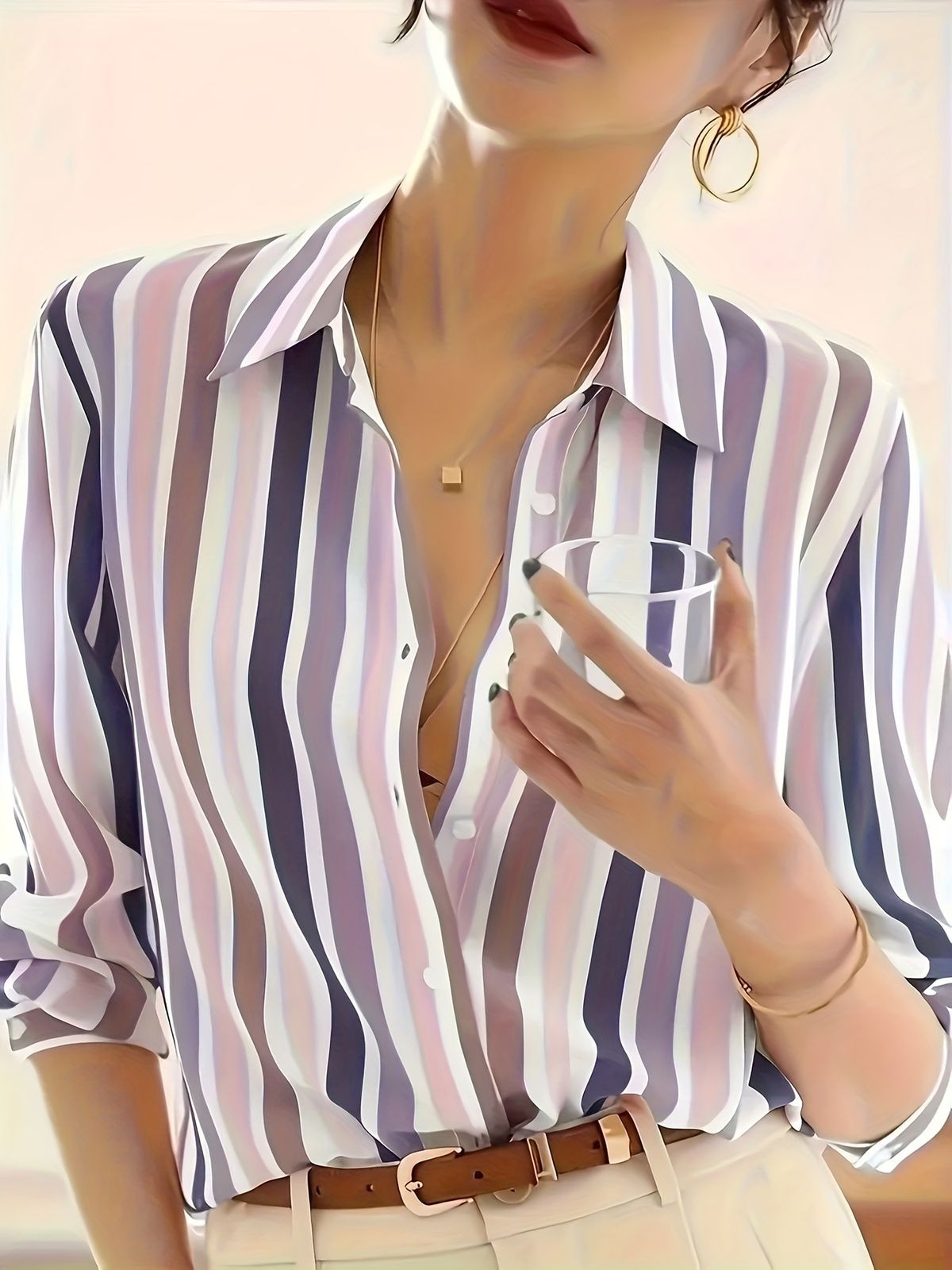 K Color Blocking Temperament Striped Shirt For Women, New Niche Retro Style, Loose Collar, Slimming Effect_ecoleips.com