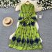 Women's Elegant Lantern Sleeve Printed Dress Belted A-Line Midi Skirt Long Sleeves Fitted Waist Spring Style Vacation Look_ecoleips.com