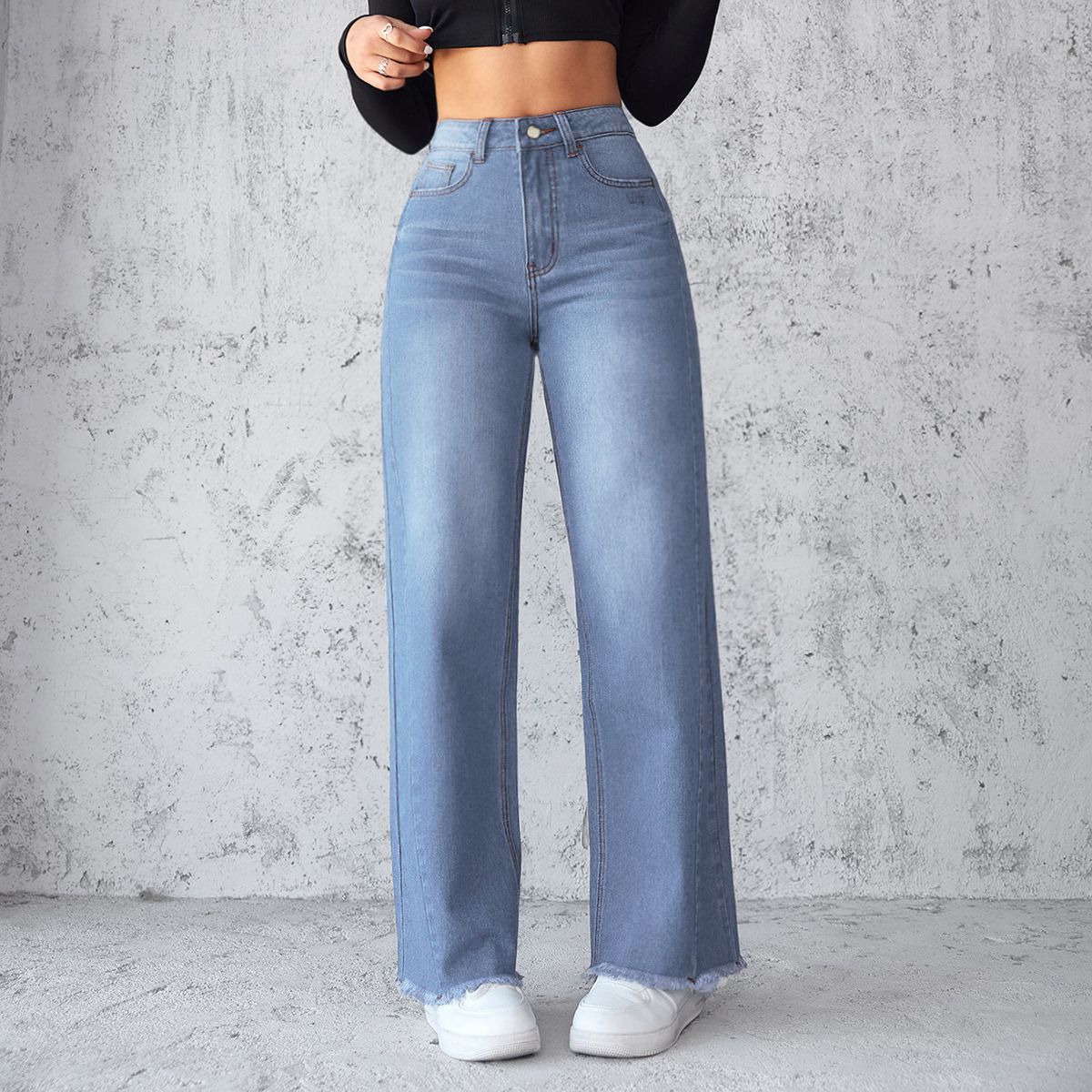 Women's Clothing Temperament Non elastic Straight Wide leg Jeans Women_ecoleips.com