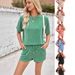 Women's Two Piece Set Short Sleeved Wavy Round Neck Top With Elastic Waist Shorts_ecoleips.com